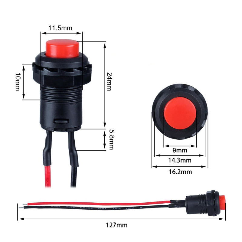 Wintai-Tech プッシュボタン ホーンスイッチ 12v プッシュボタン スタートスイッチ 12mm 瞬間のプッシュボタン ケーブル組成付きスイッチ