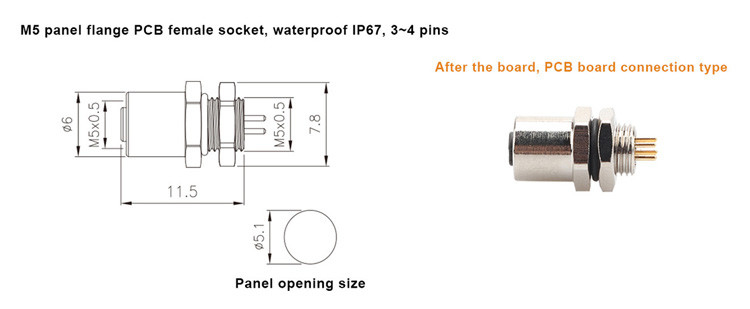 工場M5コード-A 4Pin パネルフラング PCB 女性ソケット円接器 IP67